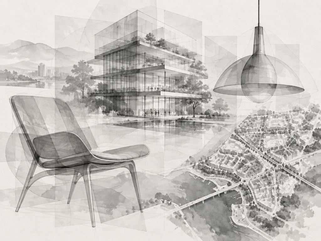Illustrazione concettuale di concept sovrapposti di architettura, design e urbanistica