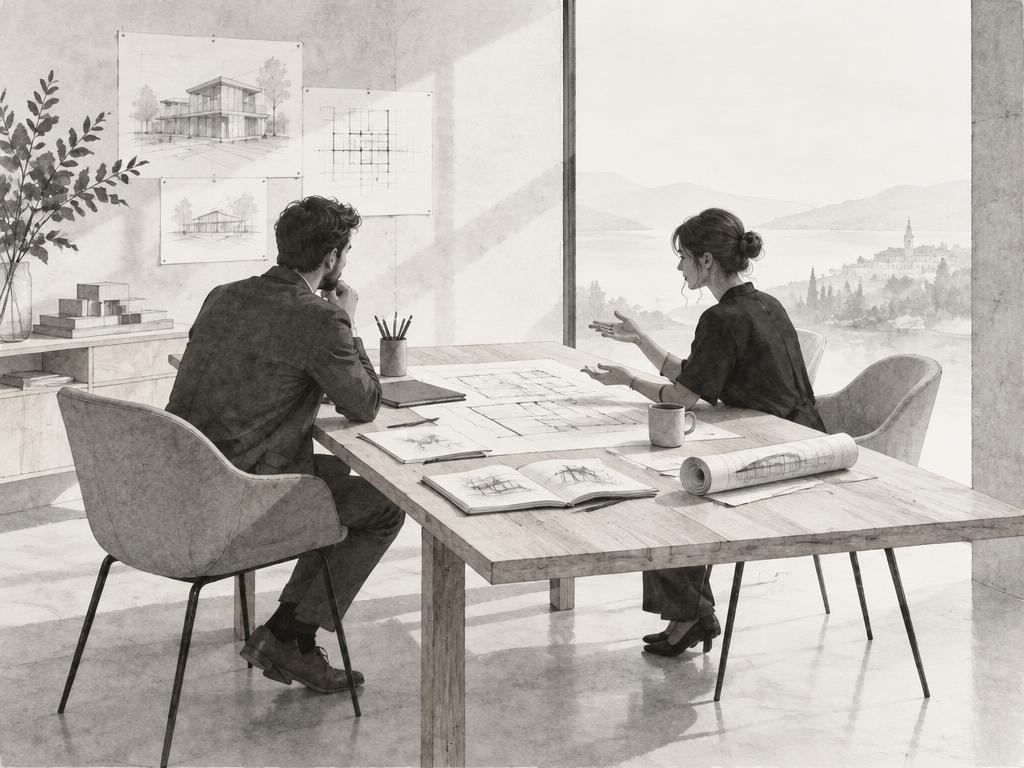 Illustrazione concettuale di una consulenza informale con schizzi e planimetrie sul tavolo
