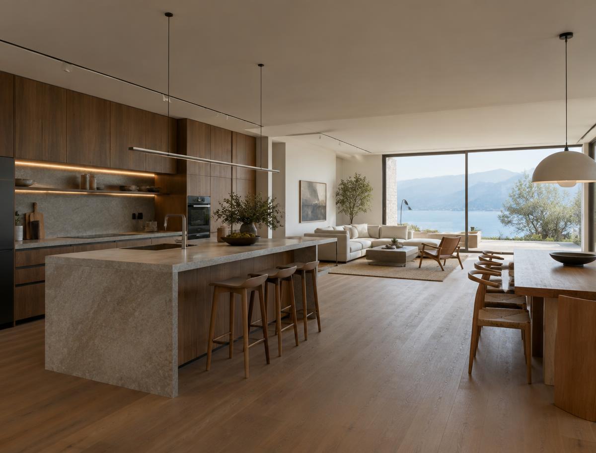 Ambiente cucina open space con isola in pietra, zona living e vista sul paesaggio