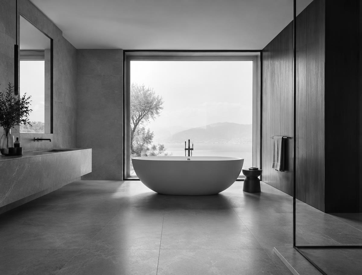 Bagno contemporaneo con vasca freestanding, pietra naturale e grande finestra panoramica