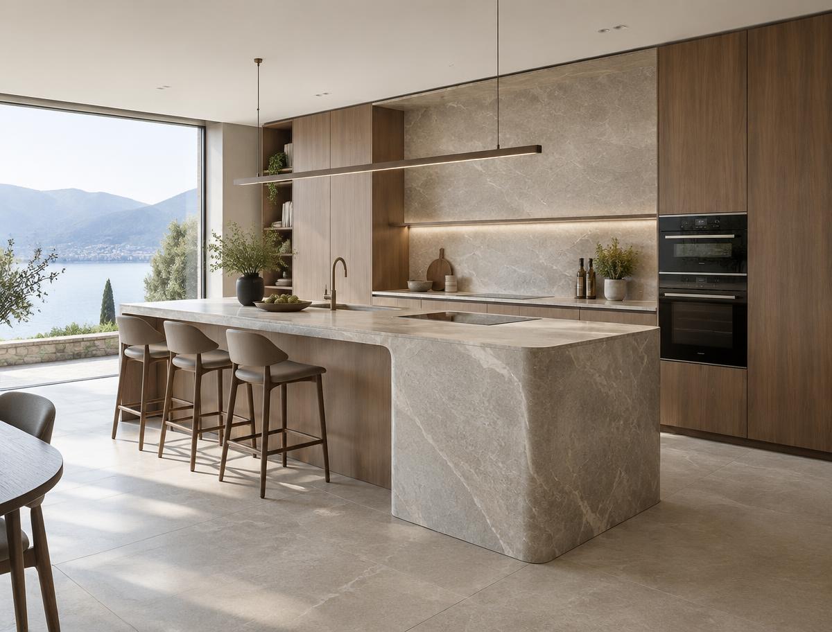 Cucina contemporanea su misura con isola in pietra e mobili in legno