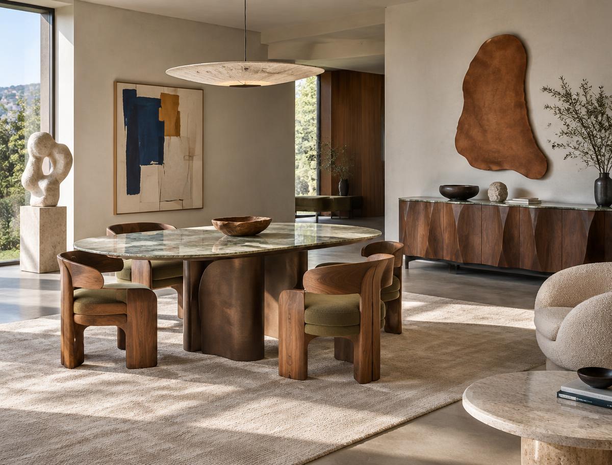 Collezione di mobili contemporanei in legno e pietra in un interno raffinato