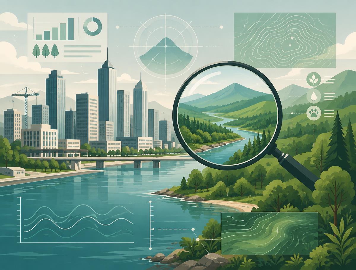Illustrazione concettuale della valutazione di impatto ambientale tra città e natura