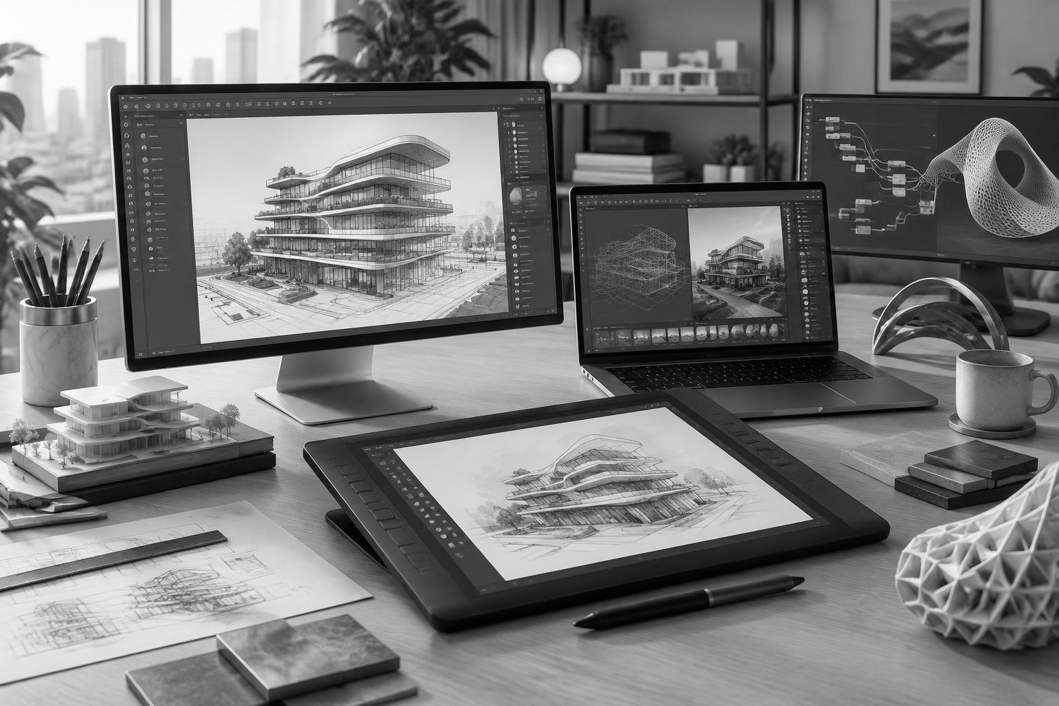 Illustrazione concettuale di strumenti tecnologici per la progettazione architettonica